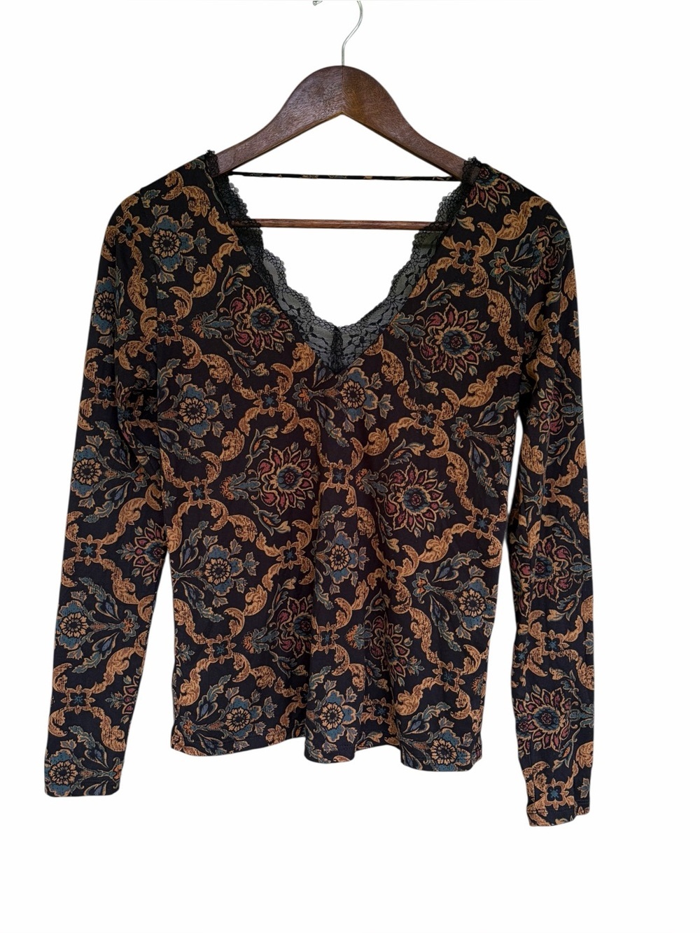 Y2K Whimsigoth Paisley and Lace Long Sleeve Top